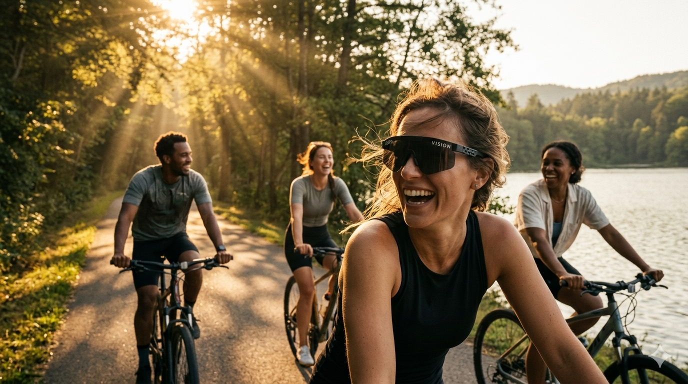 Gruppe Radfahrer bei goldenem Abendlicht am See